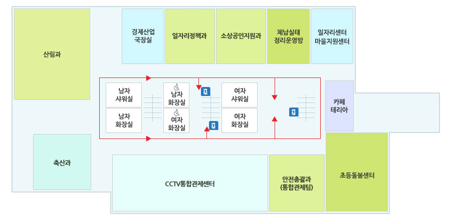 제2청사 2층 배치도, 자세한 내용은 하단 참고